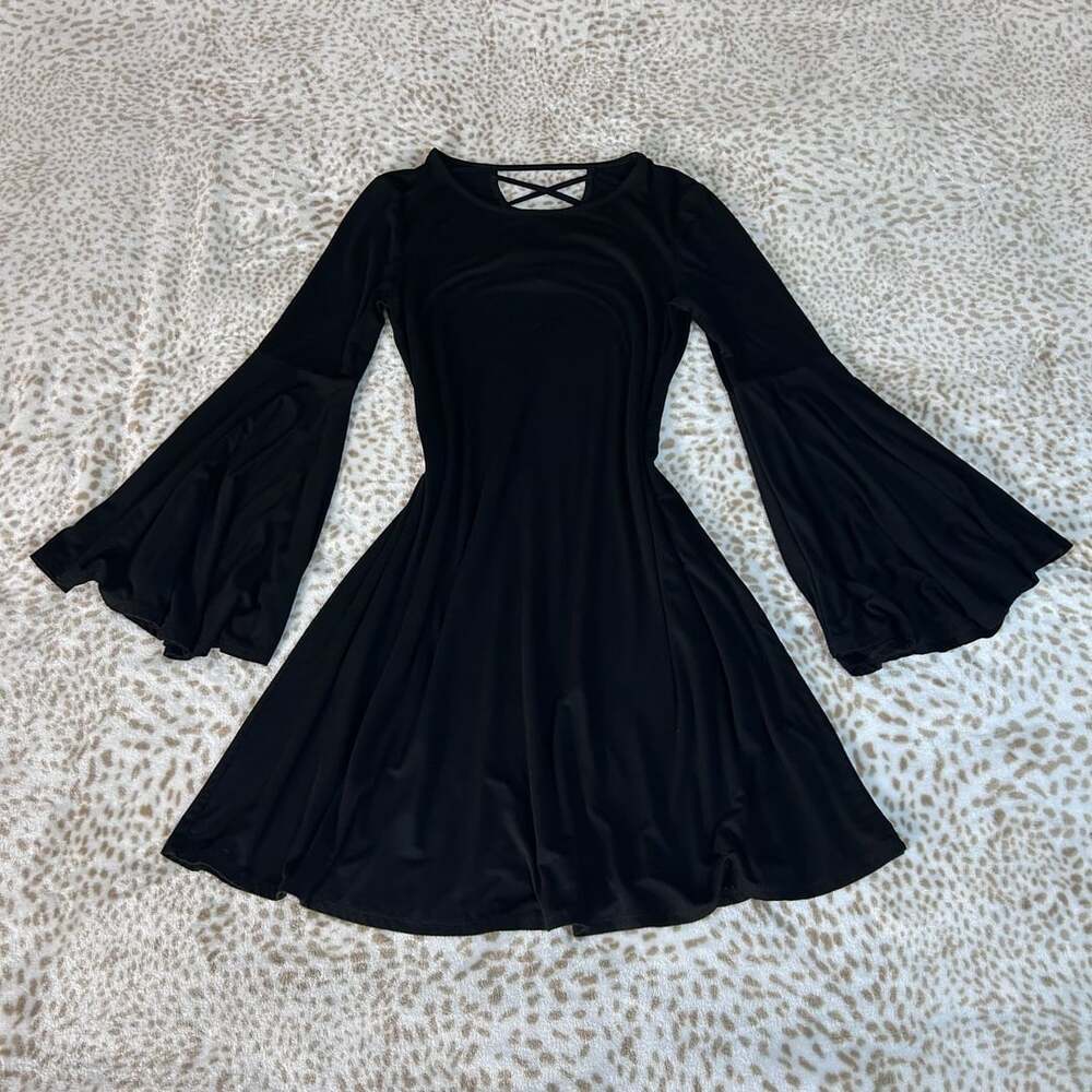 Cupio Black Long Sleeve Bell Sleeve Mini Dress with Crossback Straps Size XS